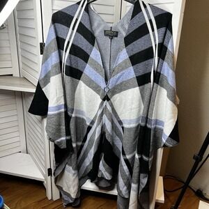 Joseph A Women's Zip Knit Sweater Poncho Plaid‎ Blue White Color Block ONE SIZE